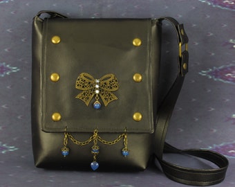 Steampunk Victorian Smaller Shoulder Messenger Bag with Brass Bow, William Morris Cotton, Vintage Glass Beads, and Faux Leather -- Victoria
