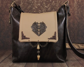 Gothic Romantic Brown Leather Shoulder Bag with Bronze Floral Heart, Quartz Antique Beads & Paisley Velveteen -- Hopeless Romantic