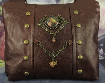 Steampunk Floral Under Glass Bag, Gothic Victorian Shoulder Bag with Beaded Brown Leather, Brass, and Vintage Cotton -- Still Life