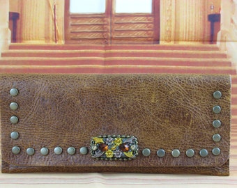 Steampunk Victorian Metal and Crystals Riveted Distressed Dark Tan Leather Smaller Clutch Makeup/Coin/Zippered Bag -- Lunch Date