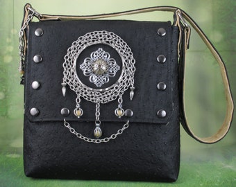 Gothic Victorian Black Shoulder/Messenger Bag w/ Chains & Caged Gemstones by Phantazmagorium in  Ostrich Faux Leather -- Caged Victorian