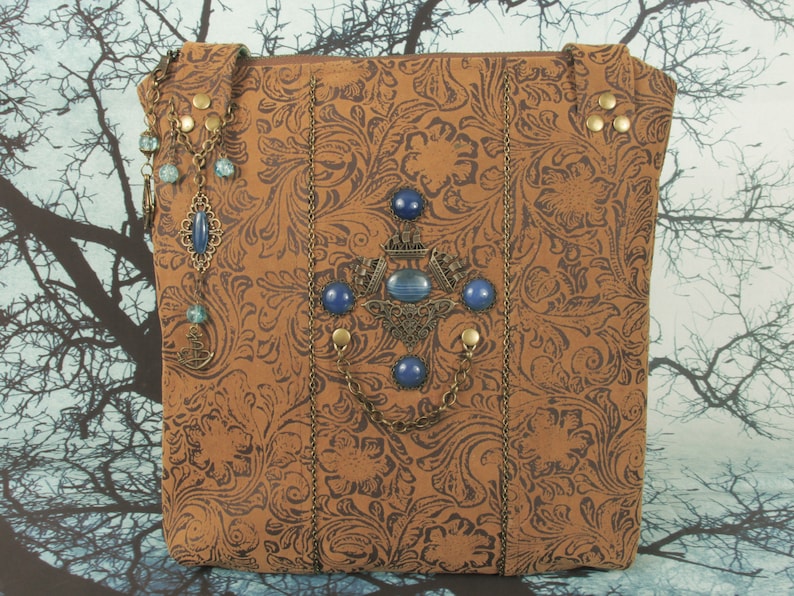 Victorian Steampunk I Pad/Tote/ Book/Shoulder to Hand Bag with Brass Ships and Blue Agates and Sea and Street Scene Cotton Nautical Past Bild 1