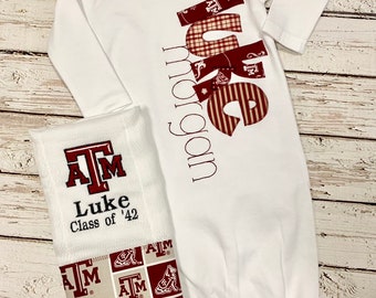 Texas Aggie Baby Gown and Burp Cloth, Texas Aggie Layette Set, Aggie Baby Clothes, Aggie hospital set, Texas Aggie Baby Gift