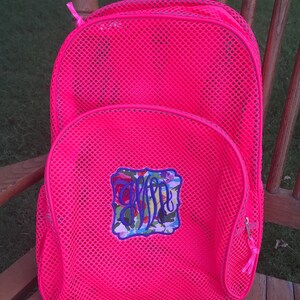 Mesh Backpack with Floral Monogram Pink Aqua Turquoise