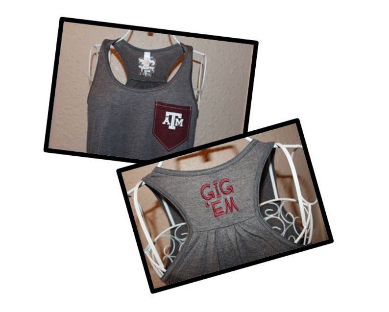 May include: Gray tank top with a maroon pocket featuring the letters "A&M" in white. The back of the tank top has the embroidered words "GIG 'EM" in red. The tank top is displayed on a white hanger.