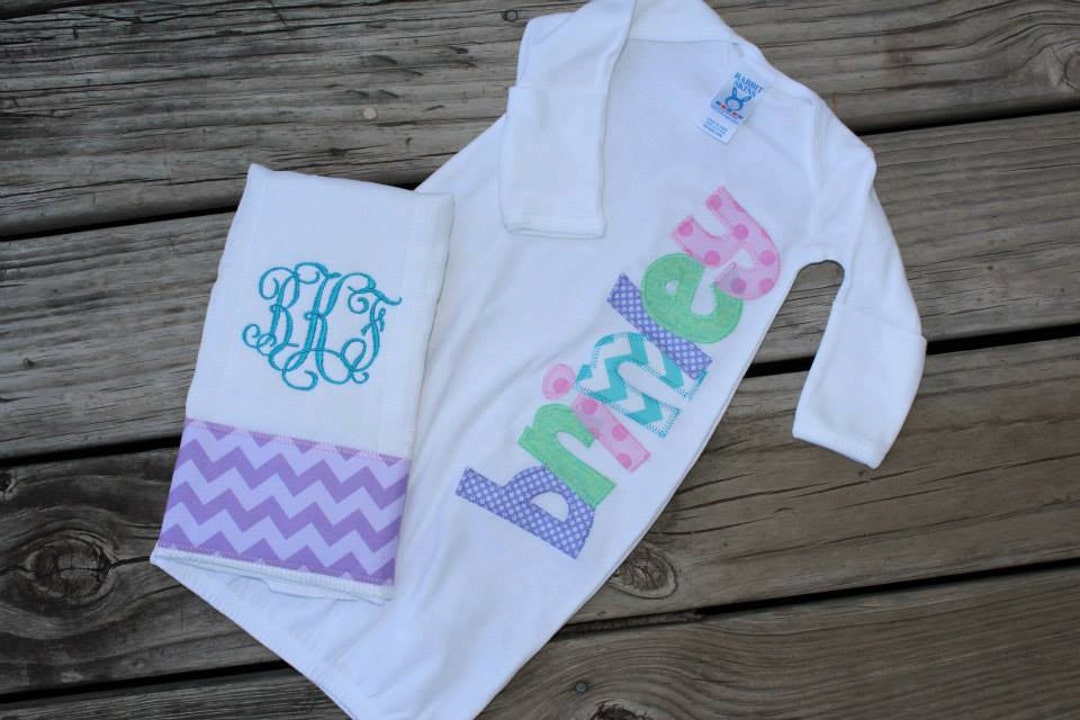 Applique Name Baby Gown and Monogram Burp Cloth - Etsy