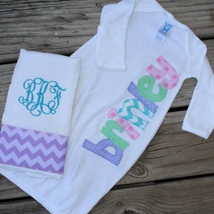 Applique Name Baby Gown and Monogram Burp Cloth - Etsy