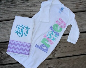Applique Name Baby Gown and Monogram Burp Cloth
