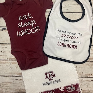 Texas Aggie Baby Gift Bodysuit, Bib, and Burp Cloth Unisex