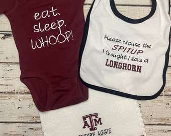 Texas Aggie Baby Gift Bodysuit, Bib, and Burp Cloth Unisex