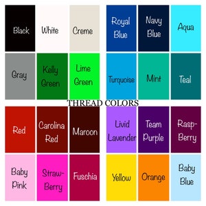 May include: A color chart displaying various thread colors. The chart includes squares of colors such as black, white, red, and yellow, with each color labeled. The text "THREAD COLORS" is centered.