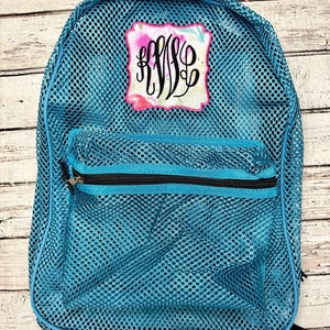 Mesh Backpack with Floral Monogram Pink Aqua Turquoise