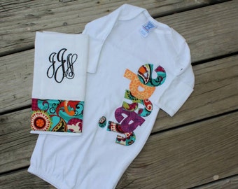 Applique Name Baby Gown and Monogram Burp Cloth