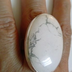 Large Oval Howlite Silver Ring, handmade White Natural Gemstone and Sterling Silver, Statement, Cocktail, Boho Style,Unisex, for Women, Men