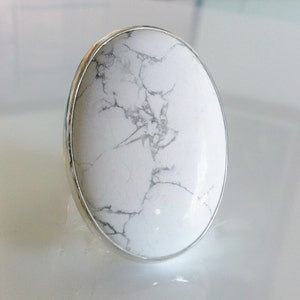 White Howlite  Ring Handmade a large Oval gemstone and  Sterling Silver using as Statement. Cocktail,Boho Style  handcrafted Fashion Jewelry