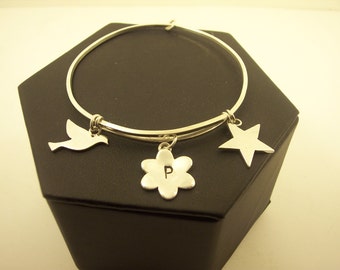 Personalized  Silver Bracelet hand made with Custom Monogram initials and sterling silver as  adjustable  banglet