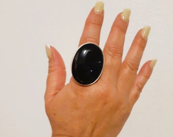 Natural Black Onyx ring, Onyx Silver Ring, Black Onyx statement ring, Boho ring, Large Onyx ring