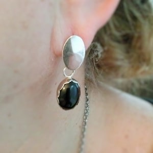 Oval Onyx Earrings handmade with Black Gemstone and Sterling Silver. Post earrings. Chandelier Earrings