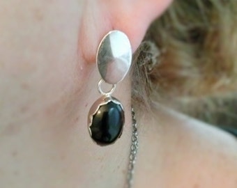 Oval Onyx Earrings handmade with Black Gemstone and Sterling Silver. Post earrings. Chandelier Earrings