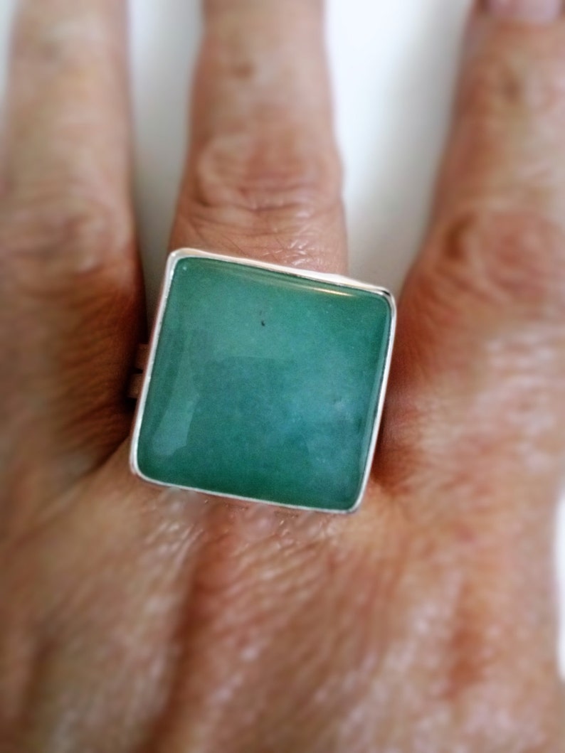 Square Aventurine Silver Ring Handmade with a large Green gemstone, Statement, Cocktail ring , Fashion Jewelry image 5