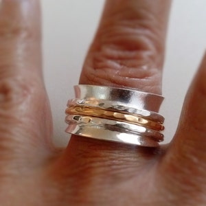 Unisex Spinner Ring, Gold and Sterling Silver, For Stress, Meditation, Wedding Band, Handmade, 24K Gold Plated. Handcrafted Jewelry.