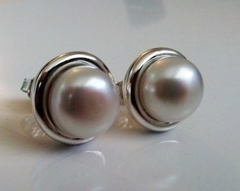Large White Pearls Stud Earrings Handmade with Sterling Silver and Fresh Water Pearls, Wedding Jewels, Bridal Jewelry, Fashion  Mother Gift