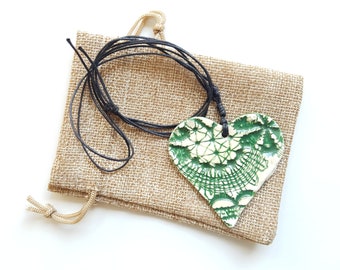Sicilian Ceramic Necklace With Lace Effect Heart-shaped Pendant. Ketty Messina Jewels.