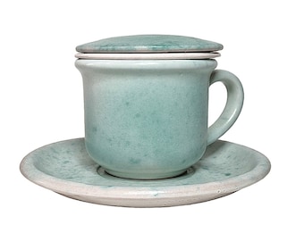 Sicilian ceramic herbal teapot Cup with Infuser Lid and Saucer Ketty Messina's Ceramics