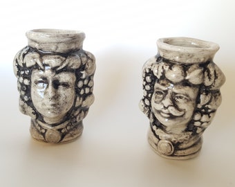 Sicilian ceramic heads of the Moors. Pair of jars. The ceramics of Ketty Messina.