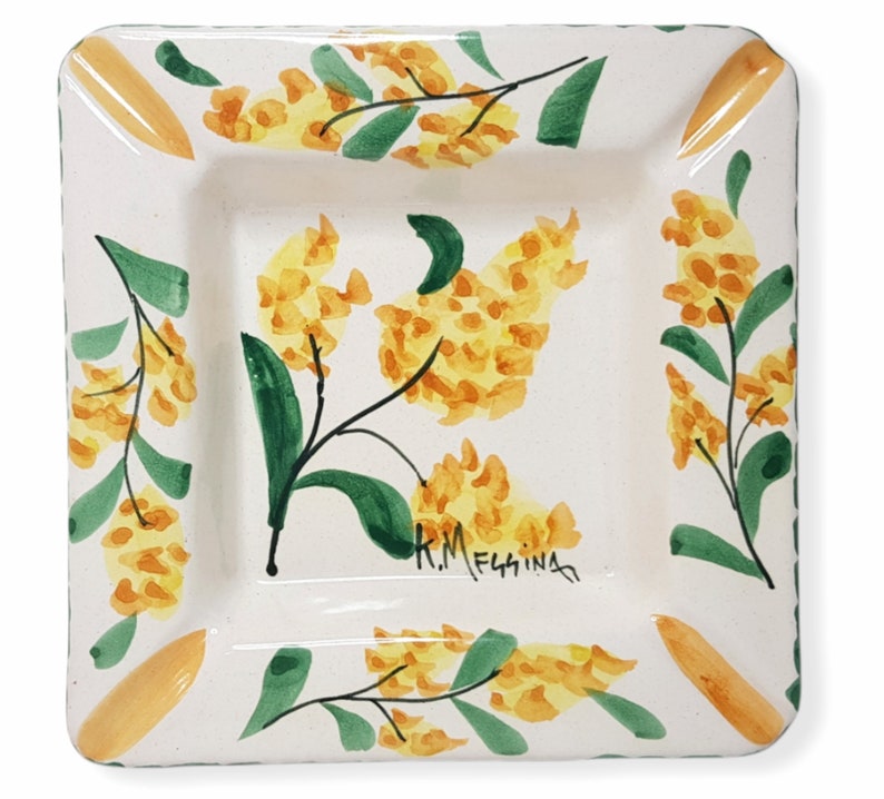 Posacenere Quadrato Di Ceramica Siciliana Dipinto A Mano Con Mimose Porta Cenere Da Scrivania Le Ceramiche Di Ketty Messina immagine 1