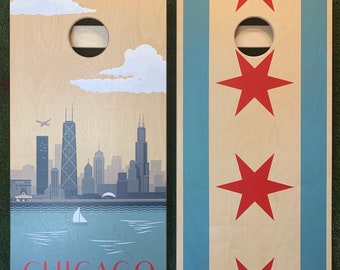 Cornhole Game by ColoradoJoes Chicago Flag and Chicago Waterfront