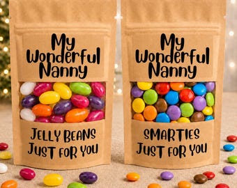 My wonderful nanny gift bag of sweets or chocolate. Smarties or jelly beans. for Birthday, Christmas, thank you gift, uplifting candy gift
