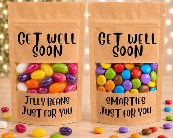 Get well soon, feel better depression, anxiety, feel better, bag of sweets or chocolate. Smarties or jelly beans., uplifting candy gift