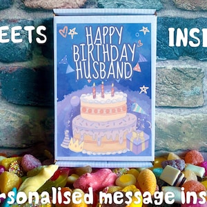 Carte-cadeau d'anniversaire pour mari avec des bonbons à l'intérieur et un message personnalisé | Cadeau boîte aux lettres | Choisissez votre bonbon | bonbons boîte aux lettres | cadeau