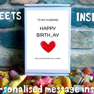 Cadeau drôle de carte d'anniversaire de mari avec des bonbons à l'intérieur et un message personnalisé | Cadeau boîte aux lettres | Choisissez votre bonbon | bonbons boîte aux lettres |