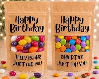 Happy Birthday gift. bag of sweets or chocolate. Smarties or jelly beans. gift for Birthday, for him or her, birthday candy gift
