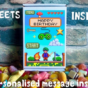 ゲーマーのピクセル化された男の子の誕生日カード、中にお菓子とパーソナライズされたギフトメッセージ付き | レターボックスギフト | あなたのお菓子を選んでください | レターボックススイーツ