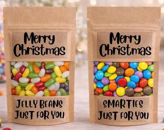 Merry Christmas sweets, secret Santa gift, stocking filler gift, bag of sweets or chocolate. Smarties or jelly beans. Xmas little candy gift