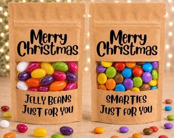 Merry Christmas sweets, secret Santa gift, stocking filler gift, bag of sweets or chocolate. Smarties or jelly beans. Xmas little candy gift