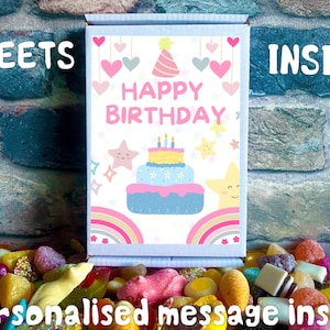 Mädchen süße Geburtstagskarte mit Süßigkeiten innen und personalisierter Geschenknachricht | Letterbox Geschenk | Wählen Sie Ihre süße | Letterbox Bonbons Geschenk
