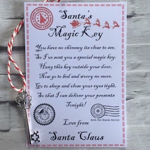 Santa’s magic key. No chimney? No problem!! Leave this magic key out for Santa so that he can come through your door on Christmas Eve.