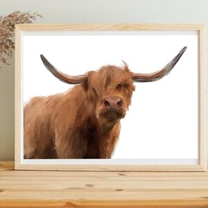 Scottish long haired bull watercolour A4 wall art print. Ginger long horned highland cow print.