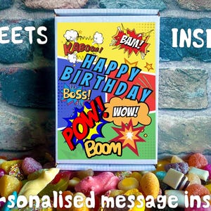 Verjaardagskaart voor jongens in superheldstijl met snoep erin en gepersonaliseerd cadeaubericht | Brievenbuscadeau | Kies je snoepje | brievenbussnoepjes