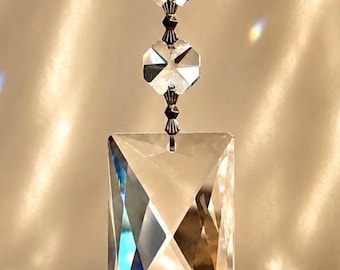 6- Clear Rectangle Crystals 2”x1”(50mm) Brilliant K9 Glass Prism /with 2-14mm Octagon beads/Bow tie connectors/2 holes top & bottom/