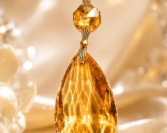 Set of 6 Brilliant K9 Topaz Glass Teardrop Crystals (50mm) 2”  Pendant with 1 bead  Bow Tie Connectors