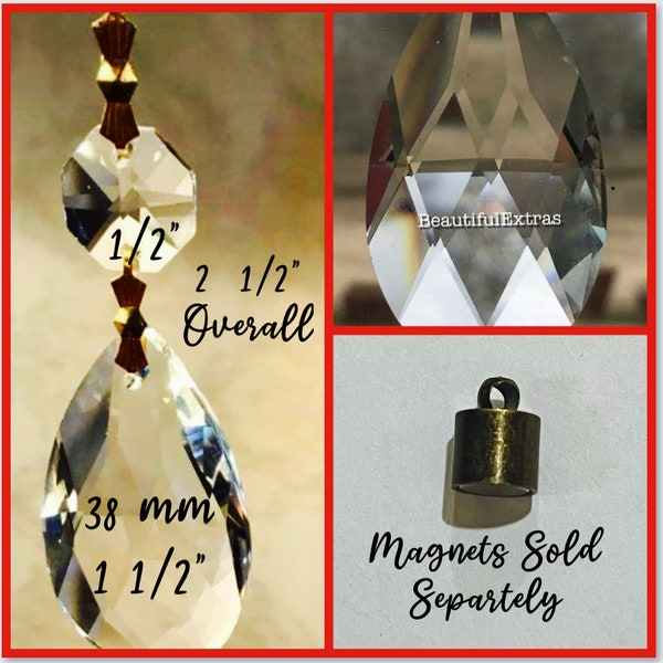 12- CRYSTALS- 1 1/2” (38mm)Tear Drop crystal glass/Magnets Sold Separately for DIY Magnetic Crystals Prisms/Replacement chandelier crystals