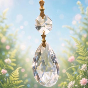 Puede incluir: Un atrapasoles de cristal transparente facetado con un gran colgante en forma de l&aacute;grima suspendido bajo un cristal octogonal m&aacute;s peque&ntilde;o. Ambas piezas est&aacute;n unidas por herrajes met&aacute;licos en tono dorado con un dise&ntilde;o geom&eacute;trico.