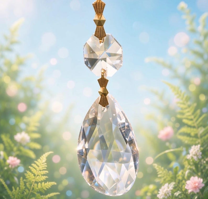 Puede incluir: Un atrapasoles de cristal transparente facetado con un gran colgante en forma de l&aacute;grima suspendido bajo un cristal octogonal m&aacute;s peque&ntilde;o. Ambas piezas est&aacute;n unidas por herrajes met&aacute;licos en tono dorado con un dise&ntilde;o geom&eacute;trico.