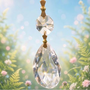 Puede incluir: Un colgante de cristal transparente facetado con una gran gota en forma de l&aacute;grima suspendida bajo un cristal octogonal m&aacute;s peque&ntilde;o. Ambas piezas est&aacute;n unidas por herrajes de metal dorado, creando una disposici&oacute;n vertical.