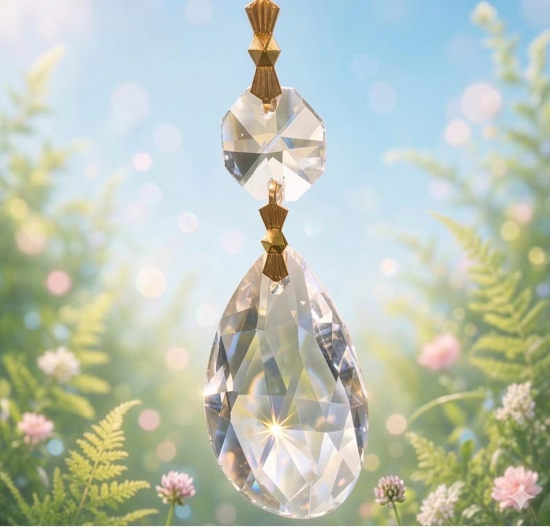 Puede incluir: Un colgante de cristal transparente facetado con una gran gota en forma de l&aacute;grima suspendida bajo un cristal octogonal m&aacute;s peque&ntilde;o. Ambas piezas est&aacute;n unidas por herrajes de metal dorado, creando una disposici&oacute;n vertical.